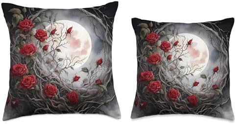 Moon Red Rose Halloween Floral Moon Red Rose Gothic Halloween Flowers Night Goth Floral Throw Pillow, 18x18, Multicolor