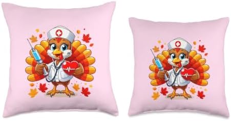 Cute Turkey Nurse Stethoscope Thanksgiving Scrub Fall Leaves Throw Pillow - Image 3