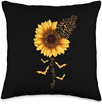 Bat Vibes Only Sunflower Halloween Thanksgiving Throw Pillow by Unknown