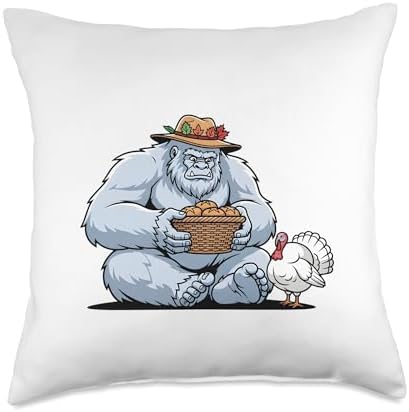 Funny Yeti with Turkey and Bread Basket Thanksgiving Autumn Throw Pillow by Unknown