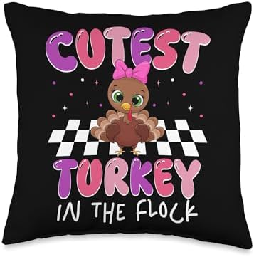 Cutest Turkey in The Flock Kids Thanksgiving Humor Autumn Throw Pillow by Unknown