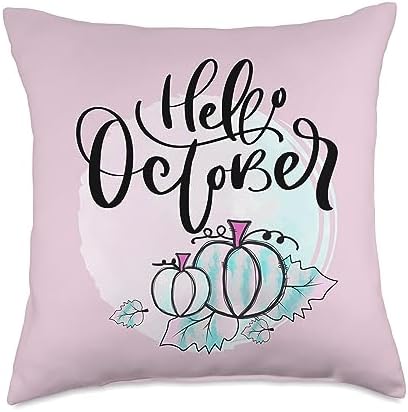 Hello October Pumpkin Fall Thanksgiving Halloween Pumpkins Throw Pillow by Unknown