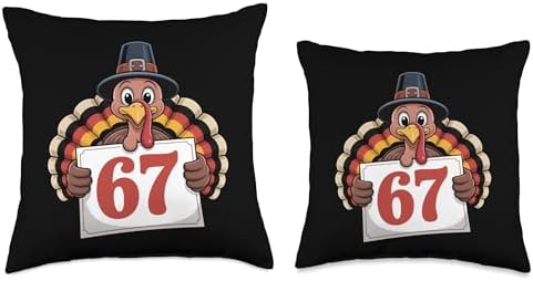 Happy 67 Turkey Pilgrim Holding Sign Six Seven Thanksgiving Throw Pillow - Image 3