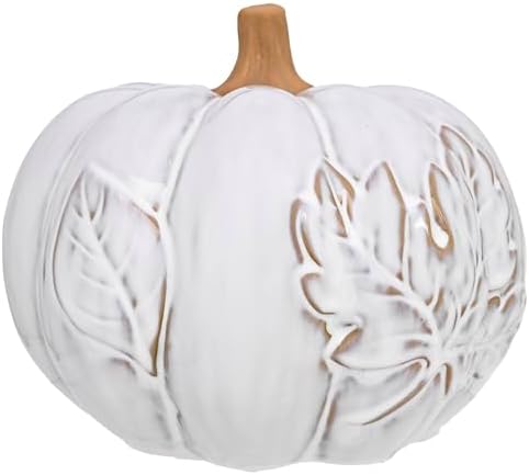 Boston International Porcelain Pumpkin with Reactive Glaze Finish Fall Thanksgiving Decorations for Home, Large, Leaf Embossed White by BostonInternational