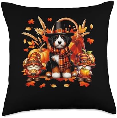 Thanksgiving Bernedoodle With Gnomes Fall Leaves Pumpkins Throw Pillow by Unknown
