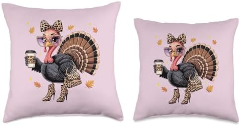 Lady Turkey Leopard Cokette Bow Drinking Coffee Thanksgiving Throw Pillow - Image 3