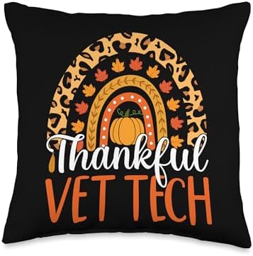Thankful Vet Tech Rainbow Fall Veterinarian Thanksgiving Throw Pillow by Unknown