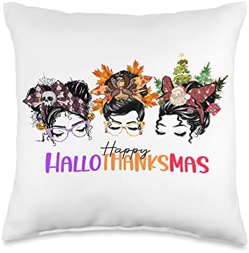 Happy Hallothanksmas Happy Halloween Thanksgiving Christmas Throw Pillow by Unknown