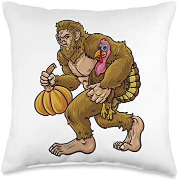 JakesRWild Bigfoot's Thanksgiving Extravaganza: Pumpkins and Turkey Throw Pillow, 16x16, Multicolor by Unknown