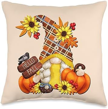 Autumn Gnome Gifts For Fall Thanksgiving Pumpkins Hello Fall Gnome Graphic for Garden Mom Thanksgiving Pumpkin Throw Pillow, 16x16, Multicolor by Unknown