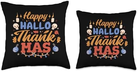 Happy HalloThankMas Halloween Thanksgiving Christmas Meme Throw Pillow - Image 3