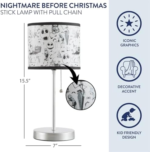 Idea Nuova Table Lamp for Kids, Stick Lamp with Printed Shade & Pull Chain, Bedroom or Nursery Nightstand Lighting,Nightmare Before Christmas
