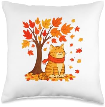 Cute Cat Autumn, Cat Thanksgiving It's Fall Feline Tree Throw Pillow by Unknown