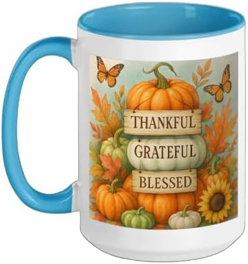 Thankful Grateful Blessed - Fall Pumpkin Family Thanksgiving Ceramic Mug, Blue/White, 15oz by Unknown