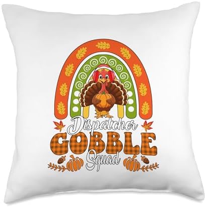 Dispatcher Gobble Squad Thanksgiving Turkey Fall Rainbow Throw Pillow by Unknown