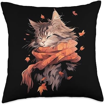 Fall Vibes Autumn Season Cat Lover Maine Coon Cat Kitten Autumn Fall Leaves Thanksgiving Throw Pillow, 18x18, Multicolor by Unknown