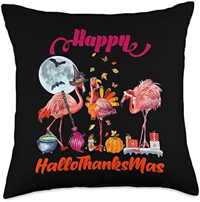 Enjoy Halloween Thanksgiving Chrismast Flamingo Illustration Throw Pillow by Unknown
