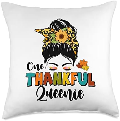 One Thankful Queenie Leopard Messy Bun Fall Thanksgiving Throw Pillow by Unknown