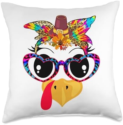 Family Happy Hallothanksmas Thanksgiving Christmas Thanksgiving Turkey Face Leopard Floral Glasses Tie Dye Throw Pillow, 18x18, Multicolor by Unknown
