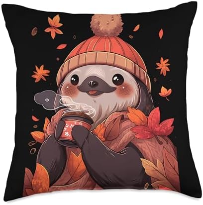 Sloth Autumn Hot Chocolate Cocoa Autumn Thanksgiving Throw Pillow by Unknown
