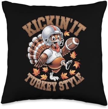Kickin' It Turkey Style Thanksgiving Turkey Football Throw Pillow by Unknown