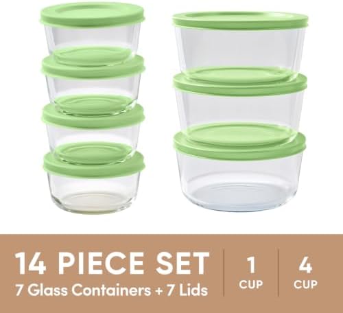 14-Piece Glass Food Storage Containers Set (7 Containers + 7 BPA-Free Lids) | 1-Cup & 4-Cup, Leakproof | Microwave, Freezer, Oven & Dishwasher Safe | Ideal for Meal Prep & Pantry Organization, green