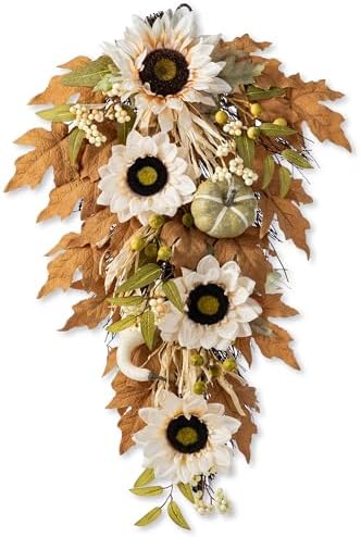 Glitzhome Neutral Fall Swag, 28 Inch Farmhouse Door Hanging with Beige Sunflowers & Pumpkins, Rattan Porch Decor for Thanksgiving - Image 5