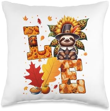 LOVE Thanksgiving Sloth Costume Fall Leaves Sunflower Throw Pillow by Unknown