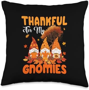 Thankful for My Gnomies Three Gnomes Fall Tree Thanksgiving Throw Pillow by Unknown