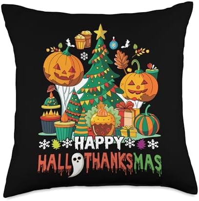 Happy Hallothanksmas Thanksgiving Halloween Merry Christmas Throw Pillow by Unknown