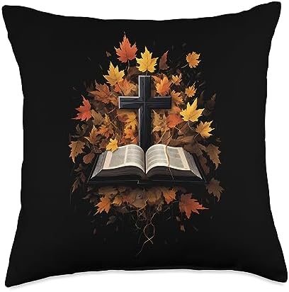 Bible Cross Autumn Leaves Christian Thanksgiving Throw Pillow by Unknown