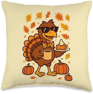 Funny Thanksgiving Turkey Cartoon Pumpkin Pie Throw Pillow by Unknown