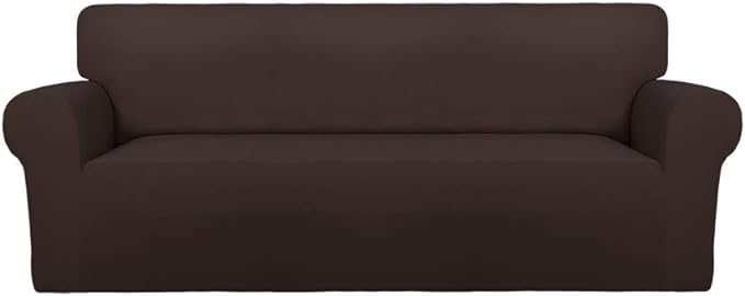 PureFit Stretch Oversized Couch Covers Fleece Sofa Slipcovers Chocolate | 1-Piece Sofa Cover Washable Soft Couch Protector, Couch Slipcover with Non Skid Foam and Elastic Bottom for Kids, Dogs