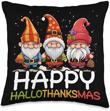 Happy Hallothanksmas SteMi Apparel Happy Hallothanksmas Halloween Thanksgiving Christmas Throw Pillow, 16x16, Multicolor by Unknown