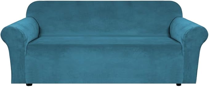 H.VERSAILTEX Stretch Velvet Sofa Covers for 3 Cushion Couch Covers Furniture Protector Soft with Non Slip Elastic Bottom, Crafted from Thick Comfy Rich Velour (Large Sofa 90"-97", Peacock Blue)