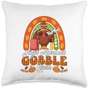 Flight Attendant Gobble Squad Thanksgiving Turkey Rainbow Throw Pillow by Unknown