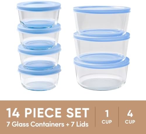 14-Piece Glass Food Storage Containers Set (7 Containers + 7 BPA-Free Lids) | 1-Cup & 4-Cup, Leakproof | Microwave, Freezer, Oven & Dishwasher Safe | Ideal for Meal Prep & Pantry Organization, Blue