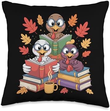 Thanksgiving Teacher Books Funny Turkey Reading Book Throw Pillow by Unknown
