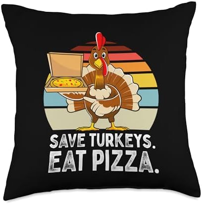 Turkey Funny Thanksgiving Save Turkeys Eat Pizza Men Boys Throw Pillow by Unknown