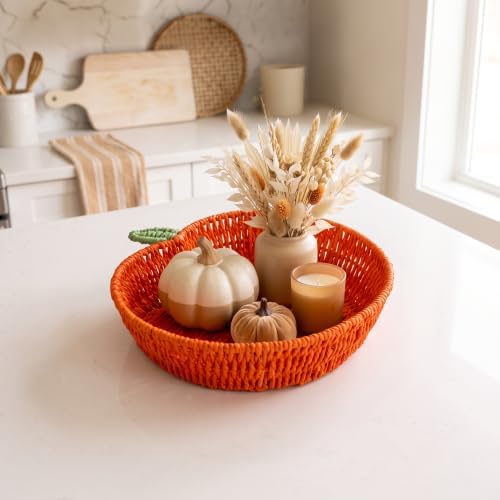 RGI Home Pumpkin Trays - Set of 2 Woven Paper Cord Pumpkin-Shaped Decorative Trays for Fall Harvest, Halloween and Thanksgiving Décor, 12" x 11.75", Orange - Image 3