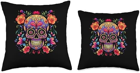 Floral Sugar Skull Flower Store Dia De Los Muertos Costume Halloween Day of Dead Sugar Skull Throw Pillow, 18x18, Multicolor