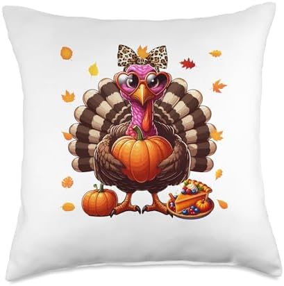 Turkey Wearing Leopard Bowtie Thanksgiving Fall Pumpkin Pie Throw Pillow by Unknown
