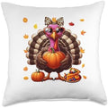 Turkey Wearing Leopard Bowtie Thanksgiving Fall Pumpkin Pie Throw Pillow by Unknown