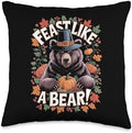 Thanksgiving Brown Bear Grizzly Pilgrim Feast Like A Bear Throw Pillow by Unknown