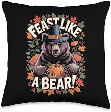 Thanksgiving Brown Bear Grizzly Pilgrim Feast Like A Bear Throw Pillow by Unknown
