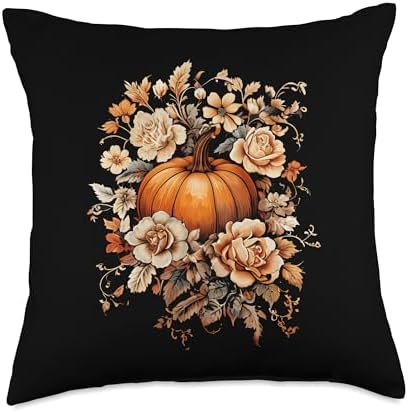 Fall Flower Vintage Pumpkin Autumn Thanksgiving Throw Pillow by Unknown