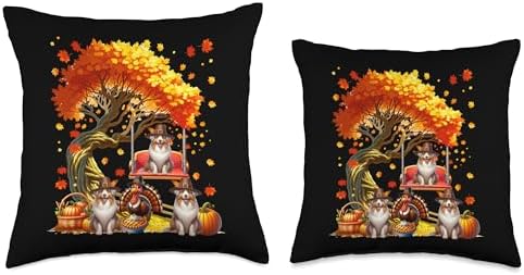 Three Cute Australian Shepherds Under Fall Tree Thanksgiving Throw Pillow - Image 3