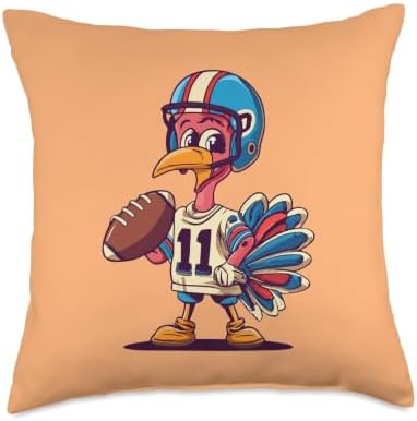Thanksgiving Cute Turkey Holding American Football Boys Kids Throw Pillow by Unknown