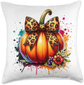Thanksgiving Pumpkin Leopard Coquette Bow Halloween Throw Pillow by Unknown