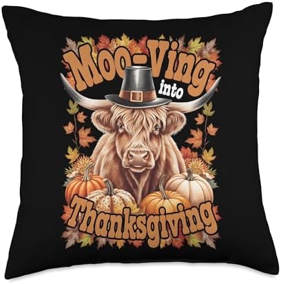 Moo-Ving Into Thanksgiving Highland Cow Throw Pillow by Unknown